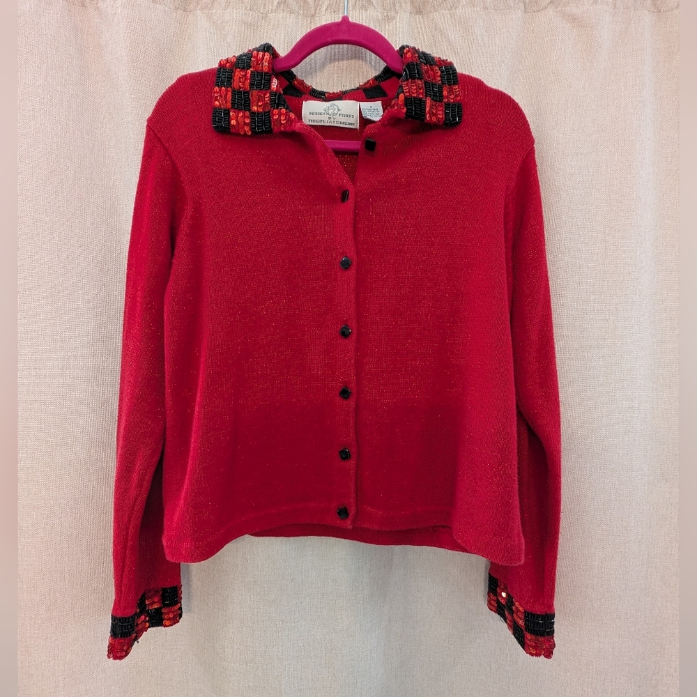 Vintage Design Options Philips & Jane Gordon Red Cardigan Sequin Check Collar M